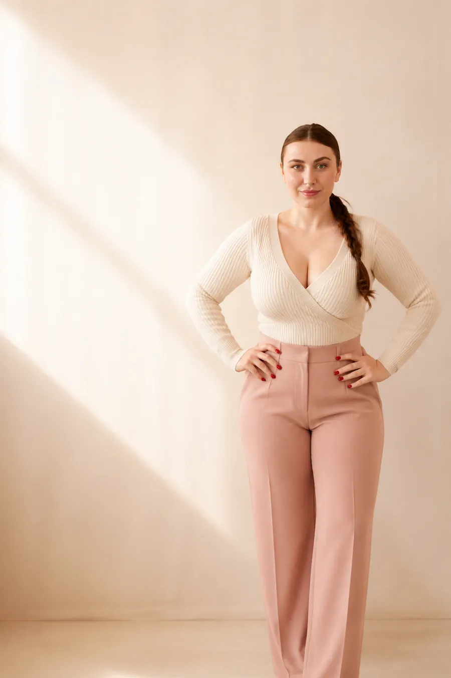 A confident woman in a warm, calm studio setting